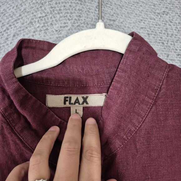 Flax Women's Burgundy Linen Button Up Long Sleeve High Neck Tunic Top L - Picture 4 of 8